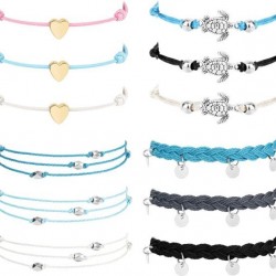 12PCS Women's Beach Turtle/Coin/Heart Ankle Bracelets Waterproof Rope Boho Layered Beach Adjustable Chain Anklet Friendship Gift